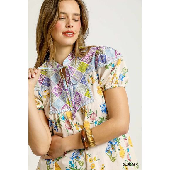 Umgee Floral Print Tie Neckline Puff Sleeves Tiered Babydoll Mini Dress | Blue - Picture 6 of 6